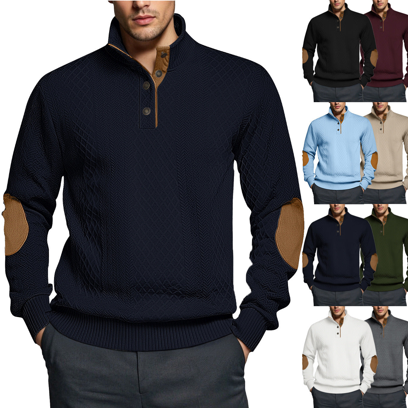 Herren Strickpullover Strukturiert Leder Patches Modern