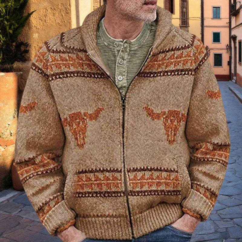 Herren Strickjacke Wildwest Muster Warm Futter
