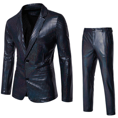 Herren Disco-Anzug Glitzernd Quadratmuster Partyanzug