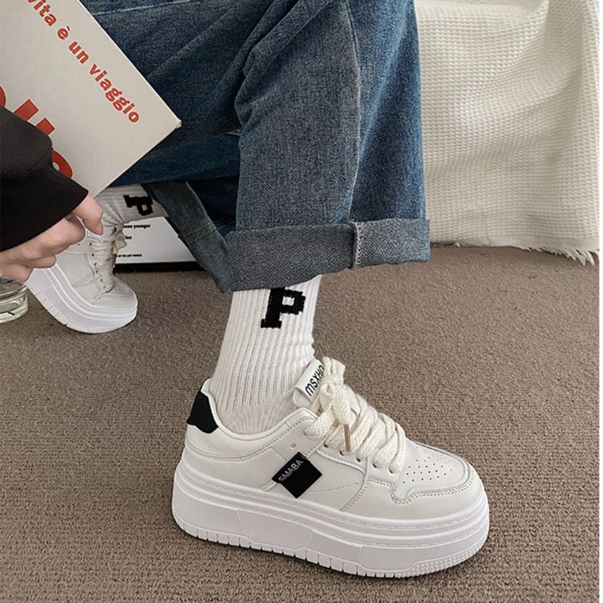 Damen Sneaker Hochsohlen Atmungsaktiv Schwarz