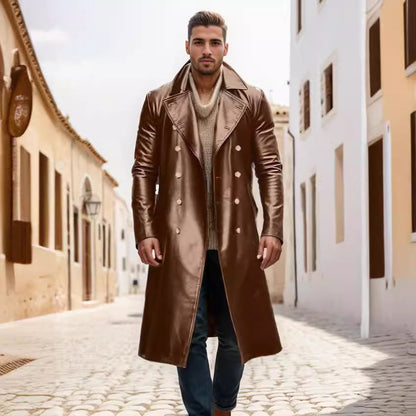 Eleganter Herren Ledermantel Modern Schwarz