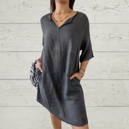 Damen Leinenkleid Sommerleicht mit Knöpfen und Taschen