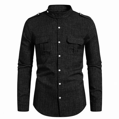 Herren Hemd Langarm mit Brusttaschen Stehkragen Modern
