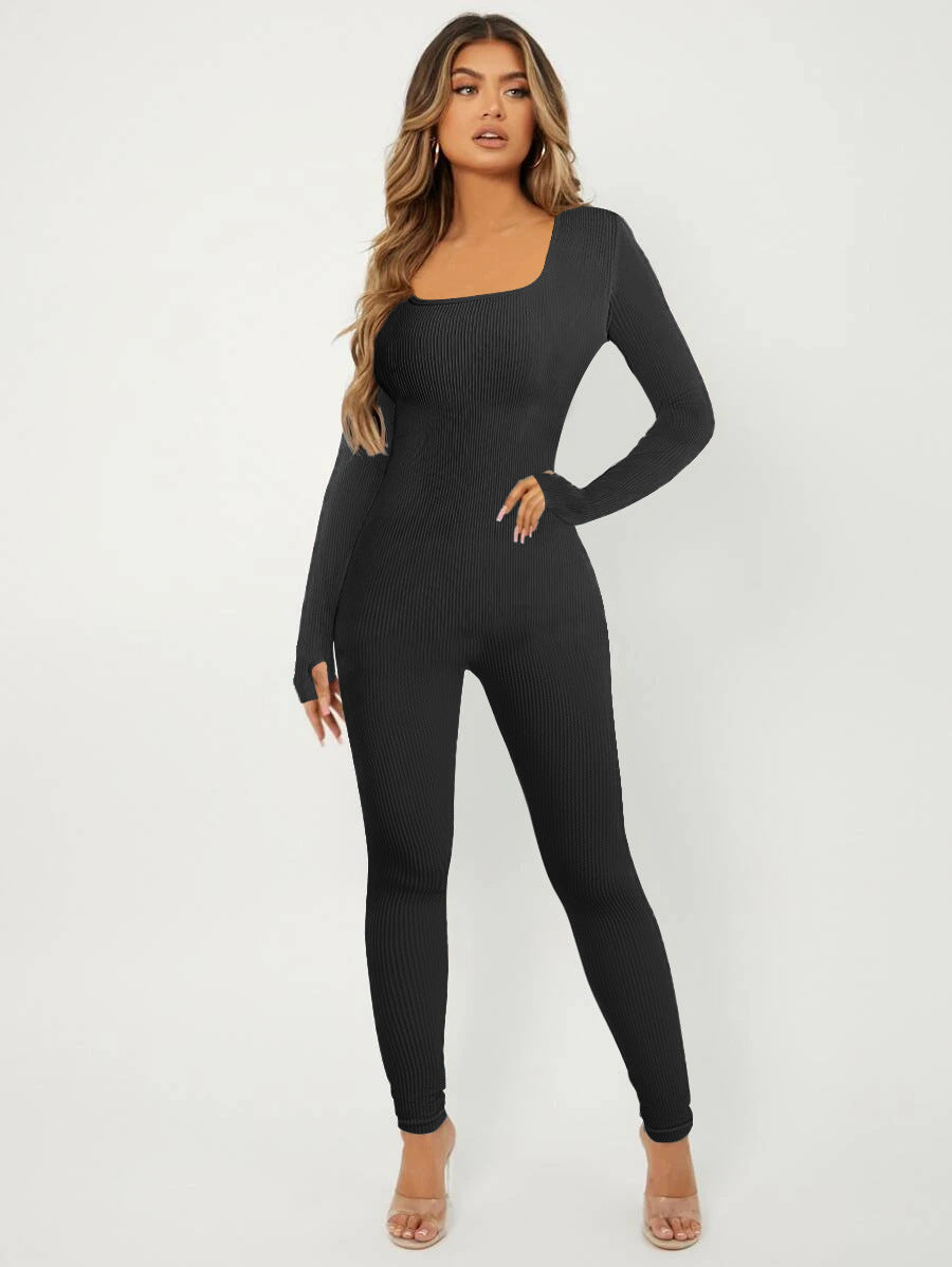 Elegante Damen Jumpsuit Langarm Rippenmuster Chic