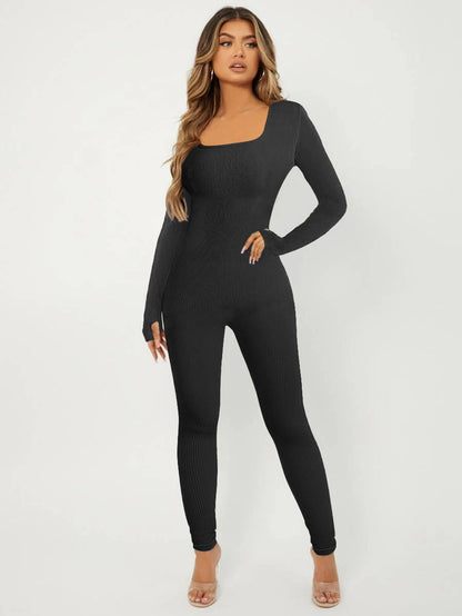 Elegante Damen Jumpsuit Langarm Rippenmuster Chic