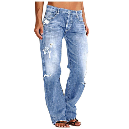 Damen Jeans Weitbein Destroyed Lässig Freizeit