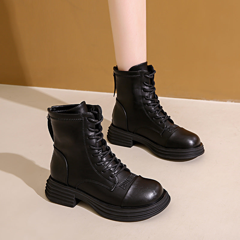 Damen Leder Stiefel Combat Boot Robust Schwarz