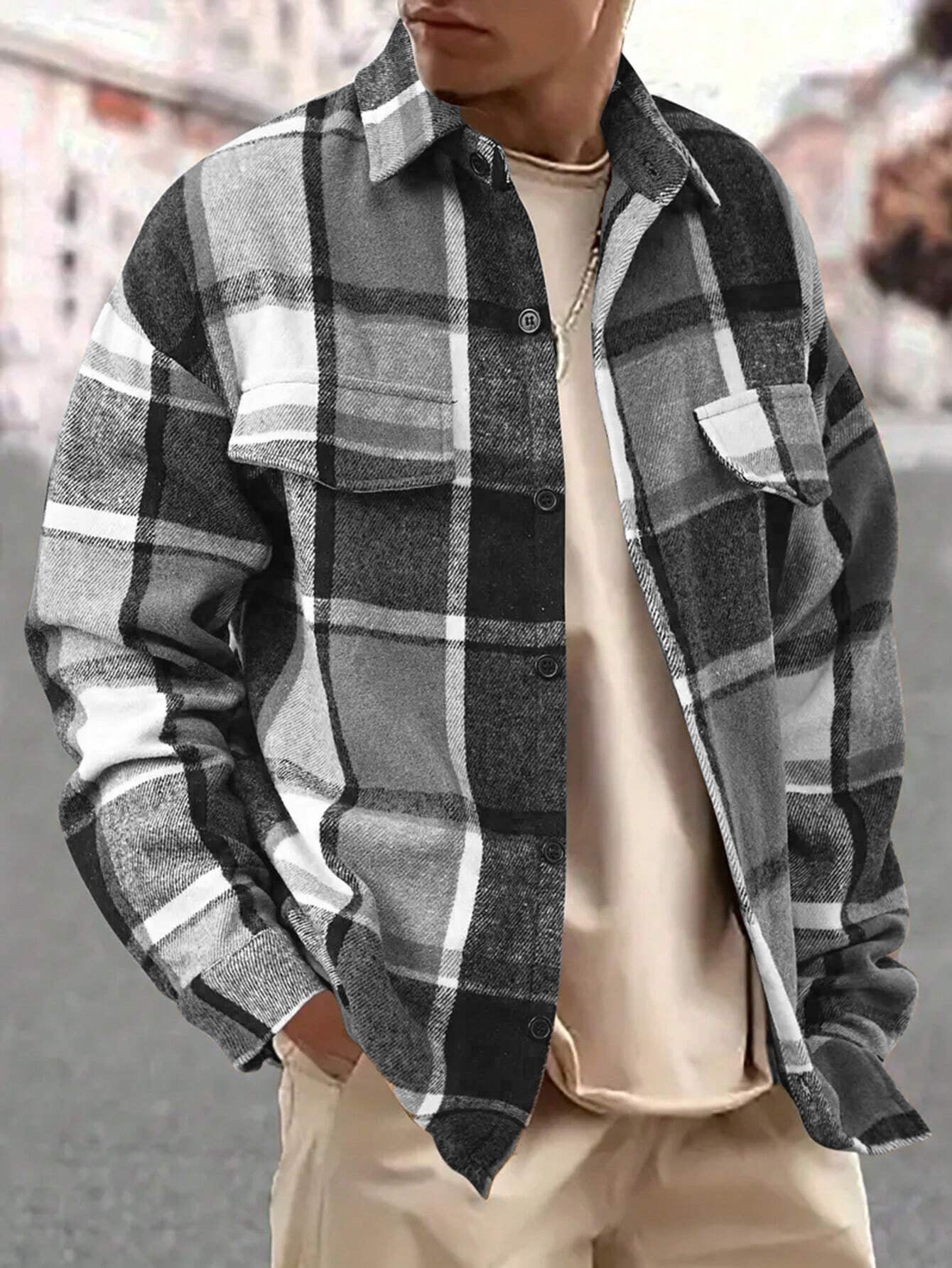 Herren Flanelljacke Kariert Modern mit Brusttaschen