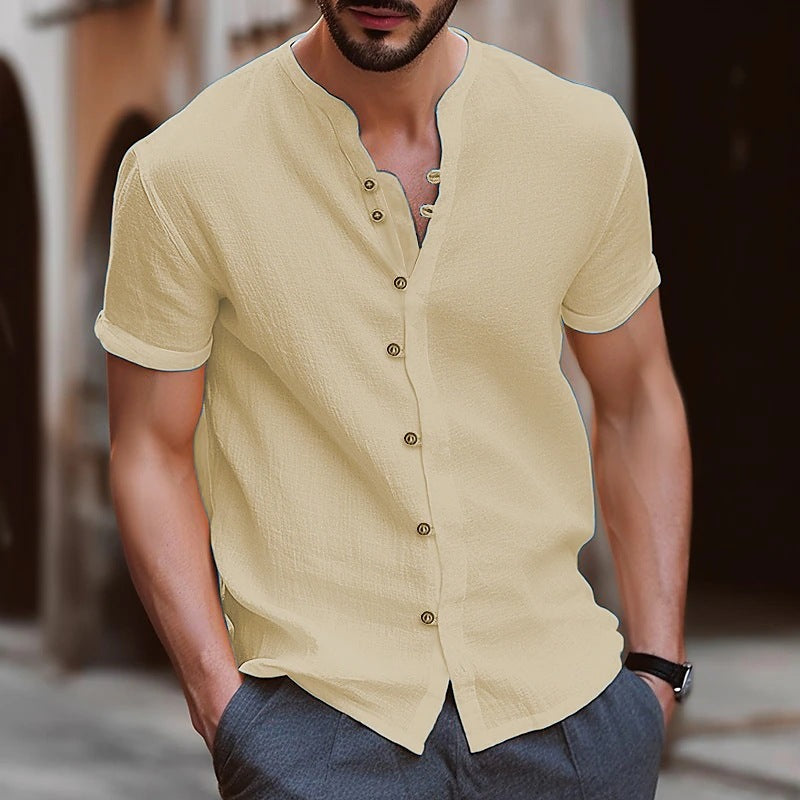 Herren Kurzarm-Hemd Slim Fit Henley Ausschnitt Modern