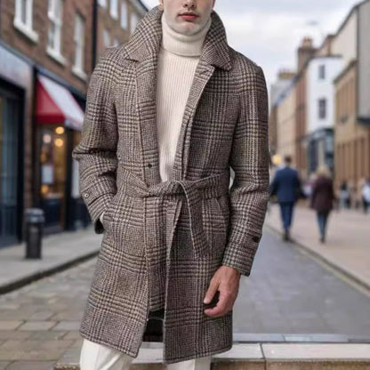 Herren Trenchcoat Modern Karomuster Taillengürtel Elegante Outdoorjacke