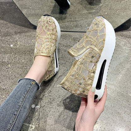 Damen Sneaker Slip-On mit Strass Glitzer und elastischem Riemen