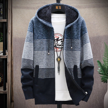 Herren Strickjacke Kapuze Trendig Streifenmuster Warm