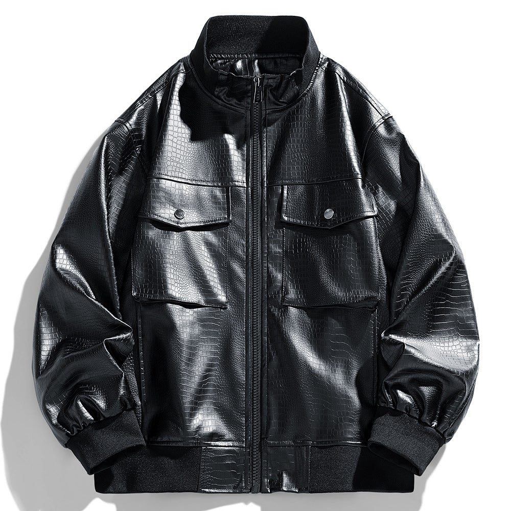Herren Lederjacke Modern mit Taschen Schwarz Glamour