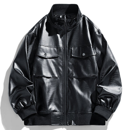 Herren Lederjacke Modern mit Taschen Schwarz Glamour