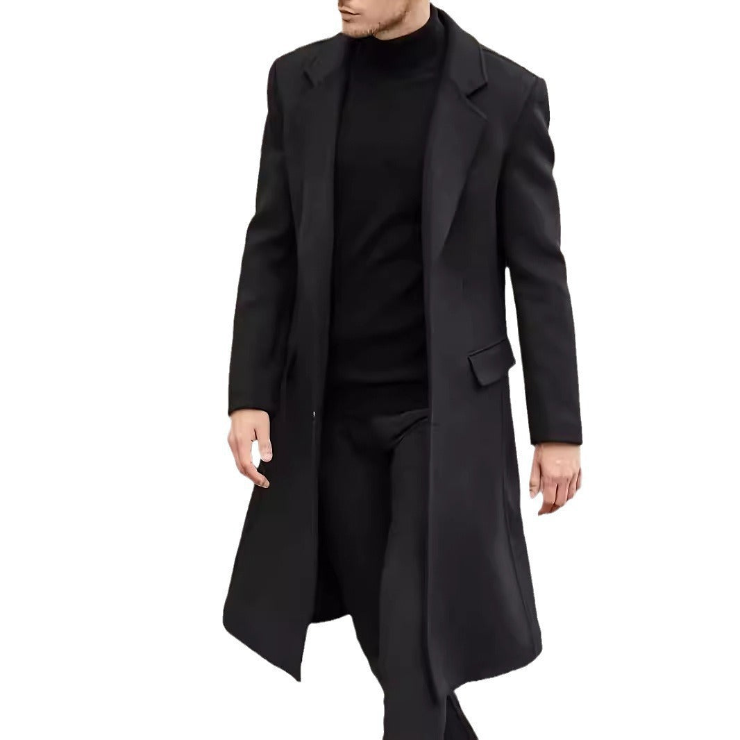 Herren Wollmantel Lang Geschnitten Elegant Schwarz