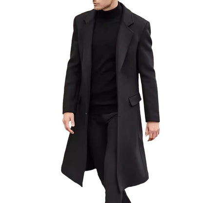 Herren Wollmantel Lang Geschnitten Elegant Schwarz