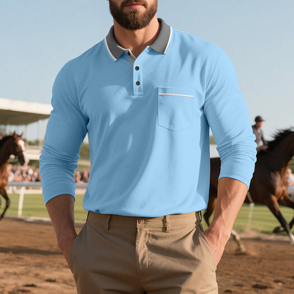 Herren Polohemd Langarm Elegant mit Reverskragen und Brusttasche