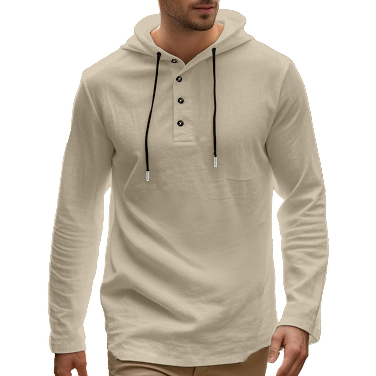 Herren Hoodie Langarm-Shirt mit Knöpfen und Taschen