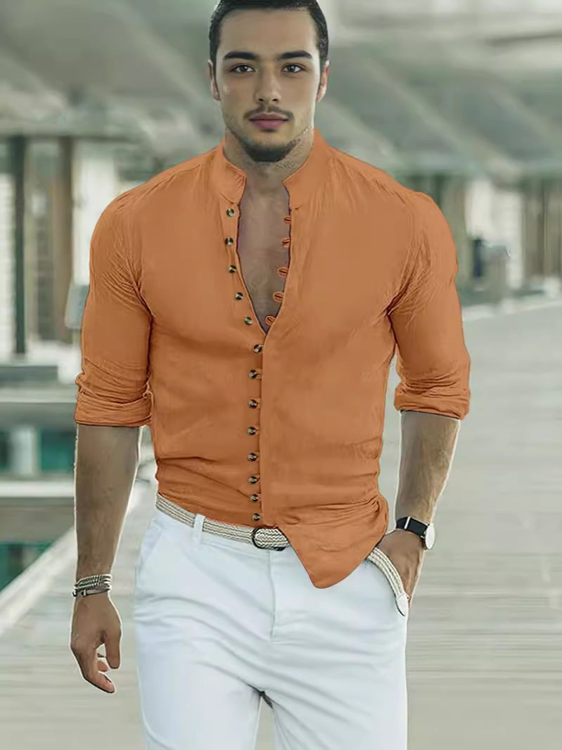 Herren Langarmhemd Modern mit Knopfleiste Stehkragen