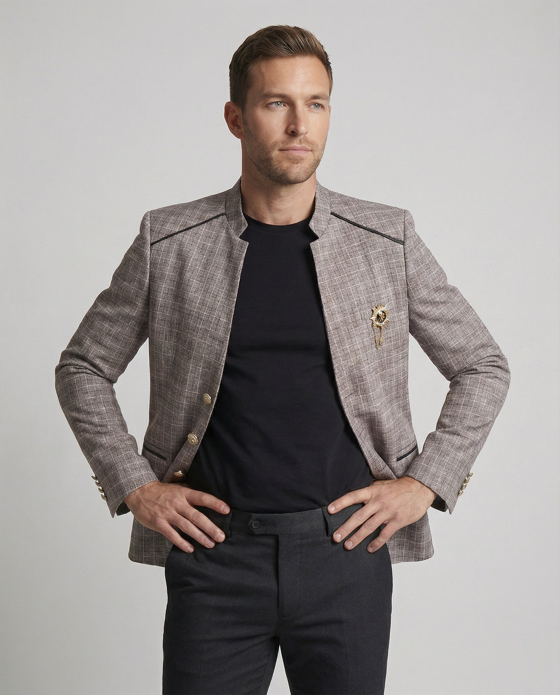 Herren Blazer Stehkragen Karo Modern - BerlinGlamour