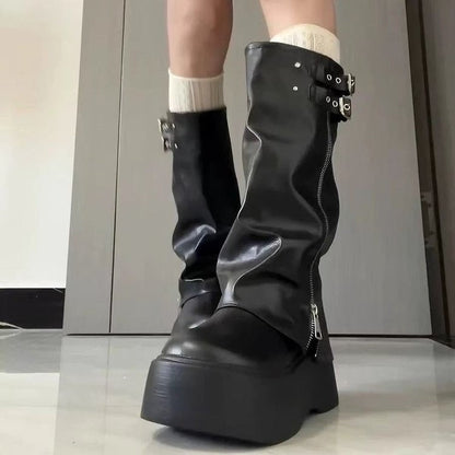 Damen Overknee Stiefel mit Reißverschluss und verstellbaren Riemen