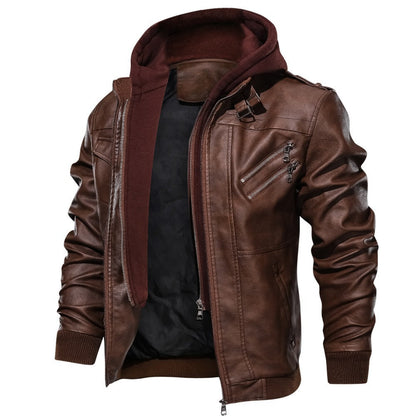 Lederjacke Herren Lässig Kapuze Taschen Modern