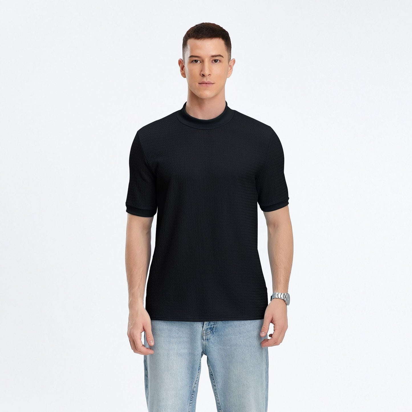 Herren T-Shirt Kurzarm Modern Stehkragen Strukturstoff