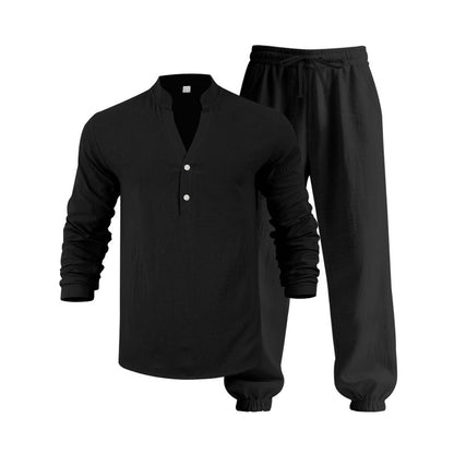 Herren Oberteil Langarm mit Knöpfen und Jogginghose Bequem