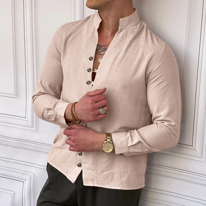Herren Leinenhemd Modern Stehkragen Elegante Knöpfe