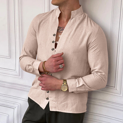 Herren Leinenhemd Modern Stehkragen Elegante Knöpfe