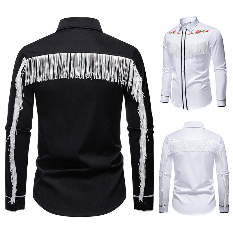 Herren Westernbluse Elegante Fransen Bestickung Cowboy Stil