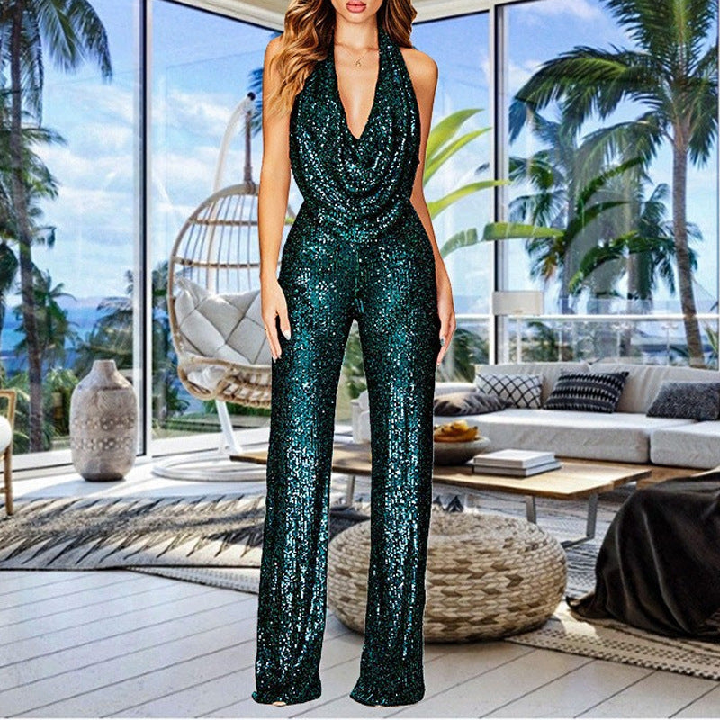 Damen Jumpsuit Glamourös mit Pailletten und V-Ausschnitt - BerlinGlamour