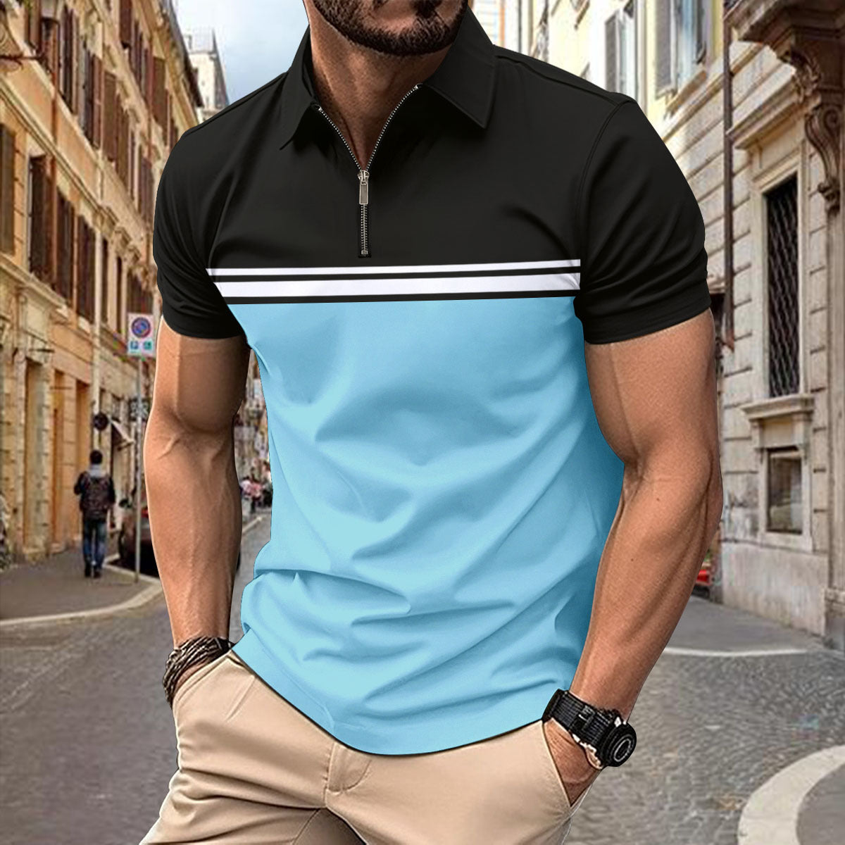 Herren Kurzarmshirt Sportlich Mit Reißverschluss Modern