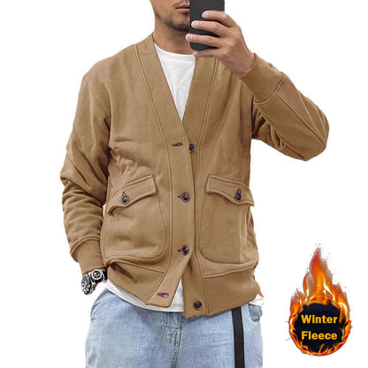 Herren Fleecejacke Warm mit Knöpfen und Taschen