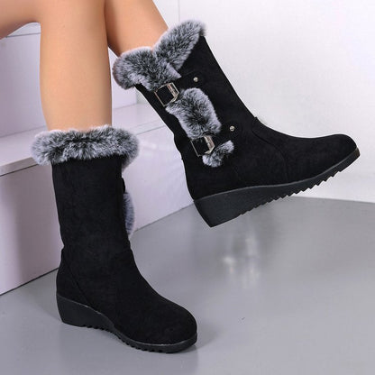 Damen Stiefel Wedge mit Kunstfellkragen und verstellbaren Schnallen