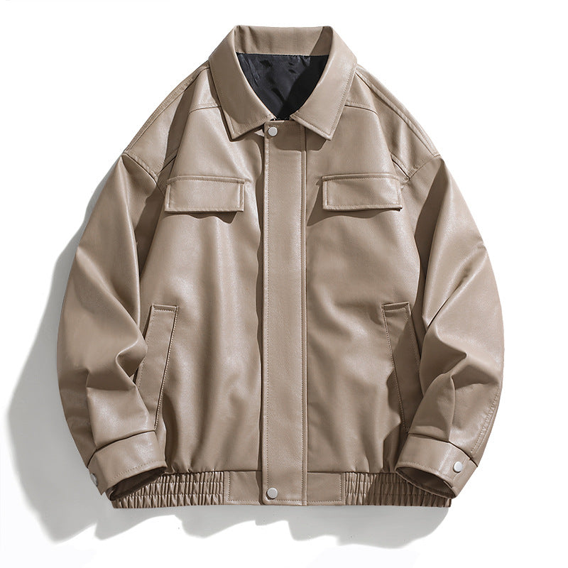 Herren Lederjacke Modern mit Kragen und Taschen Schwarz