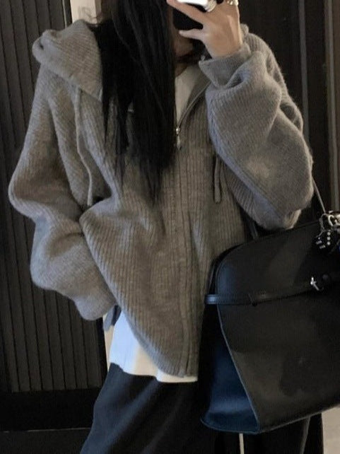 Damen Strickhoodie Großzügig Kapuze Reißverschluss Weich