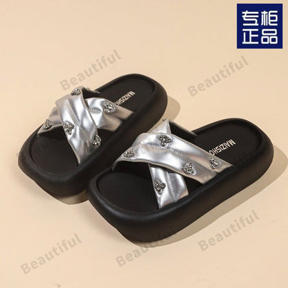 Damen Slipper mit Glitzersteinen Modisch Comfort
