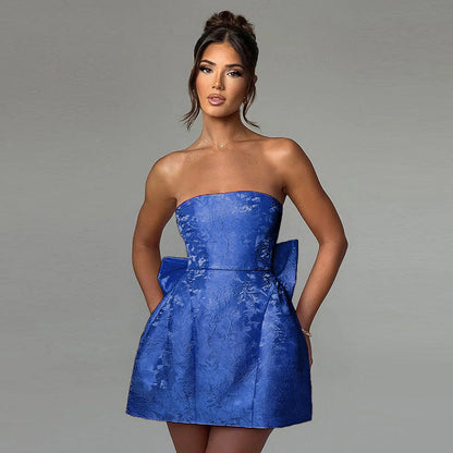 Kurzes Abendkleid Schulterfrei Champagnerfarbe Schleife