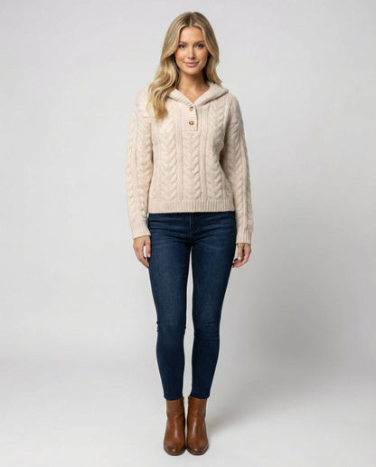Weicher Damen Strickpullover Kapuze Langarm Beige Casual