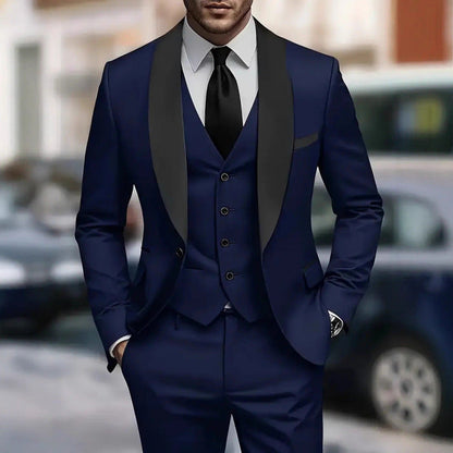 Herren Anzug Slim Fit mit Satin Revers Elegant Schwarzer Anzug