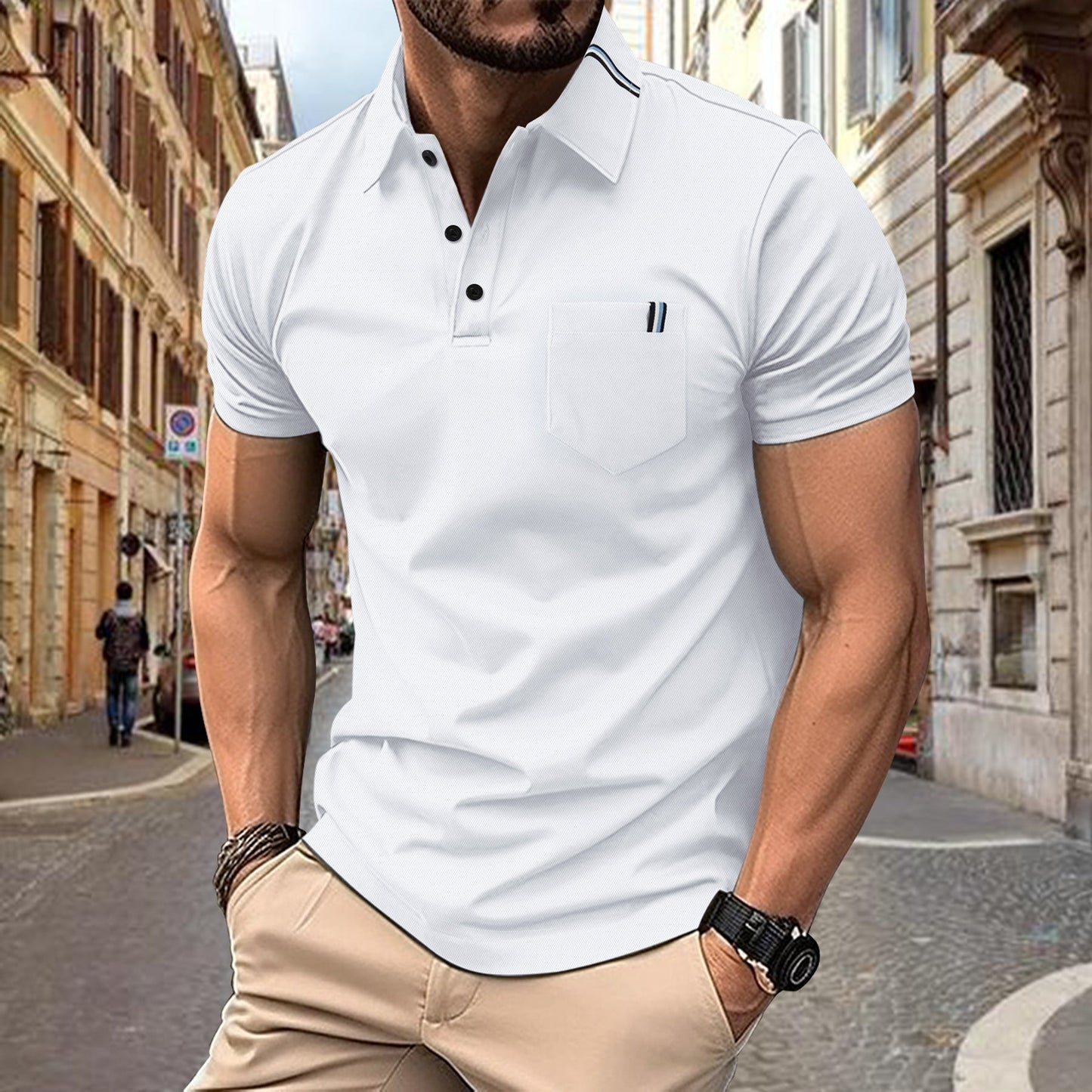 Herren Polohemd Kurzarm Modern mit Knöpfen und Brusttasche