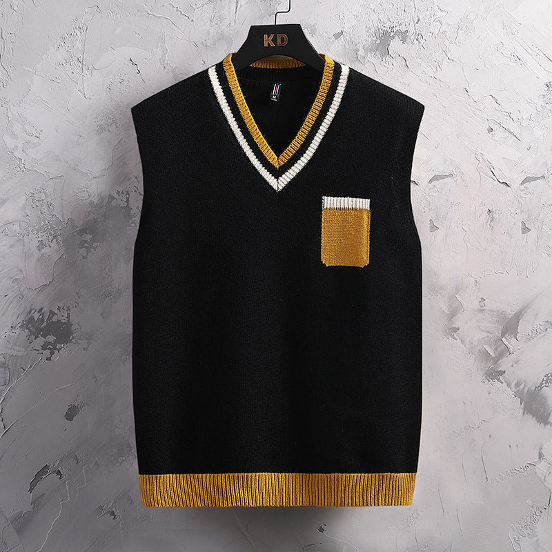 Herren Strickjacke Ärmellos V-Ausschnitt Farbblock Design Modern - BerlinGlamour
