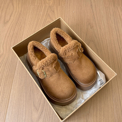 Damen Slipper Plüschig Warm mit Plateau und Schnalle