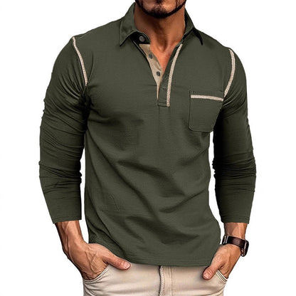 Herren Polohemd Langarm Modern mit Brusttasche und Kontraststreifen