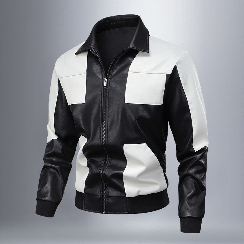 Herren Lederjacke Bikerstil Modern Kontrastdetails Schwarz
