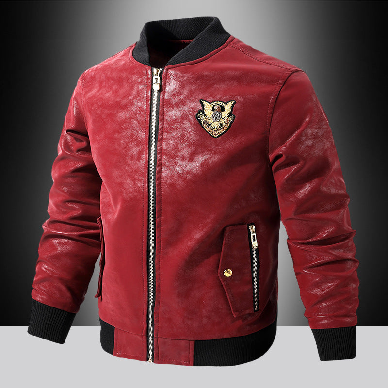 Herren Lederjacke Bomber Modisch Bestickt Kunstleder Schwarz