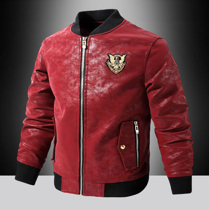 Herren Lederjacke Bomber Modisch Bestickt Kunstleder Schwarz