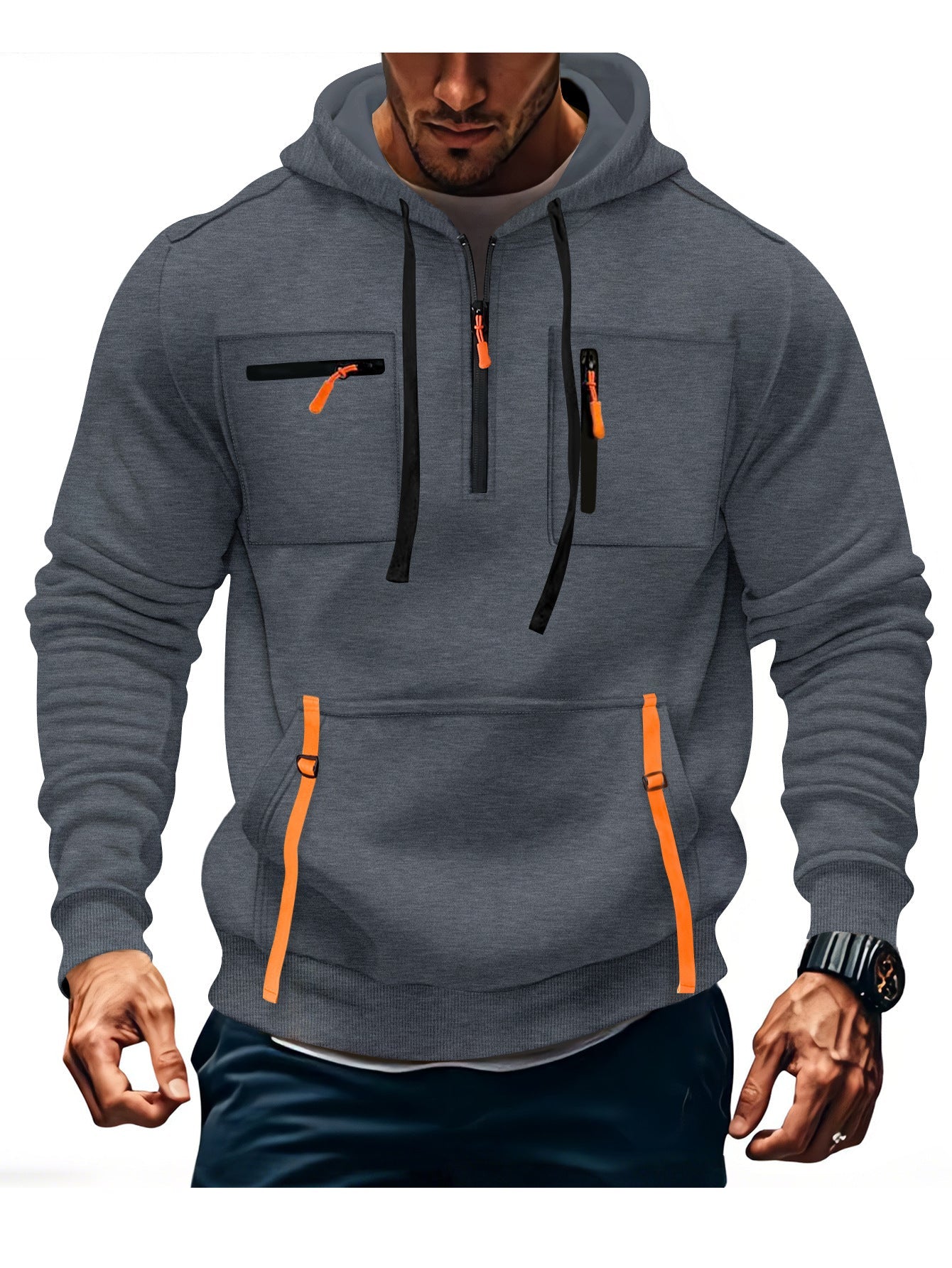 Herren Kapuzenpullover Modisch Reißverschluss Taschen Schwarz