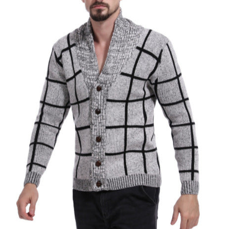 Herren Strickjacke Modern V-Ausschnitt Karomuster Schwarz - BerlinGlamour